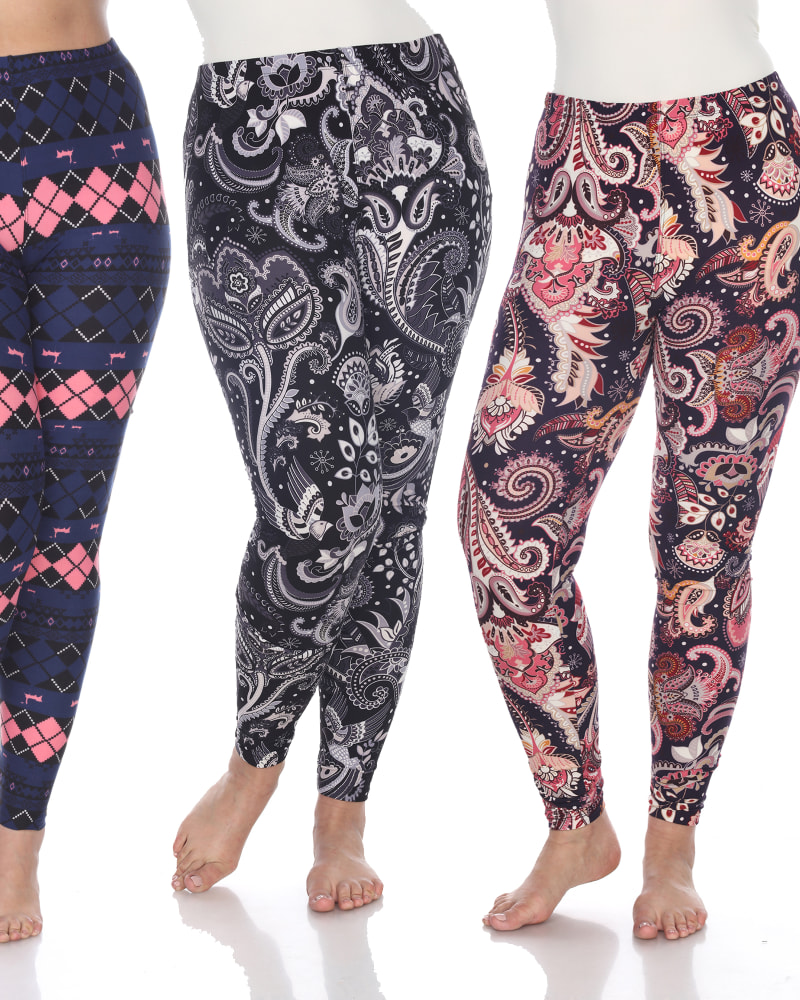 Front of a model wearing a size one-size-fits-all Pack of 3 Printed Leggings in PACK 176 - Purple by White Mark. | dia_product_style_image_id:250022